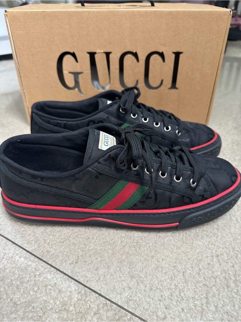 GUCCI MENS OFF THE GRID 1977 TENNIS BLACK RED GREEN LOW TOP SNEAKERS SZ 10+